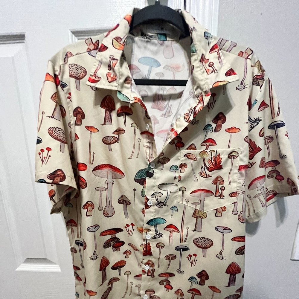 Funky Threads - Tan Mushroom Shirt - Casual Button Down - XL